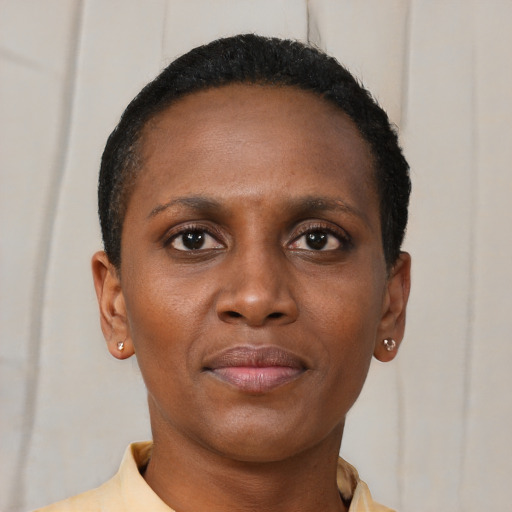 Neutral black young-adult female with short  brown hair and brown eyes