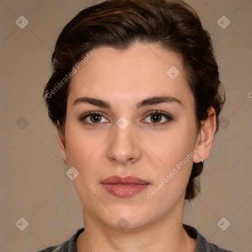 Neutral white young-adult female with medium  brown hair and brown eyes