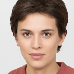 Neutral white young-adult female with short  brown hair and brown eyes