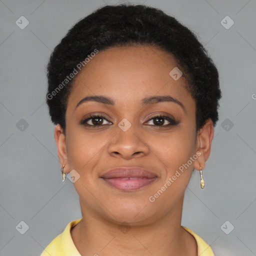 Joyful black young-adult female with short  brown hair and brown eyes