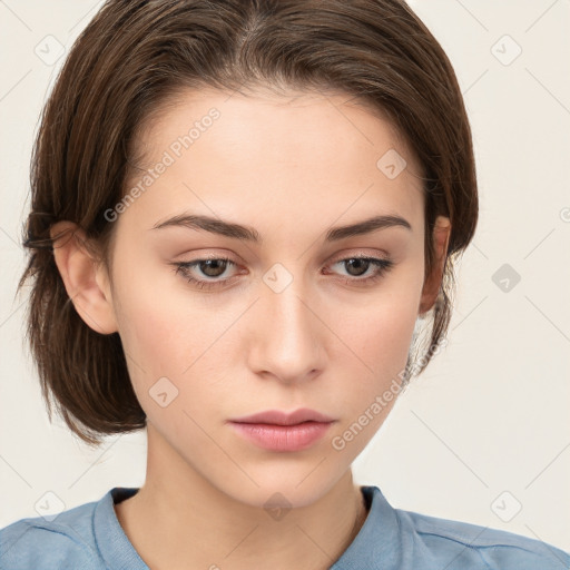 Neutral white young-adult female with medium  brown hair and brown eyes