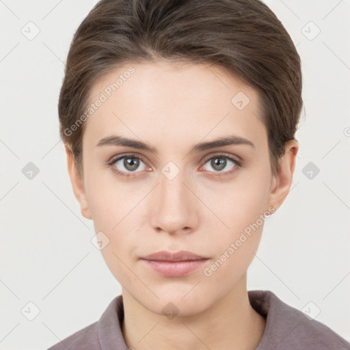 Neutral white young-adult female with short  brown hair and brown eyes