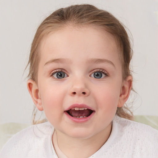 Joyful white child female with medium  brown hair and blue eyes