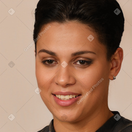 Joyful white young-adult female with short  brown hair and brown eyes