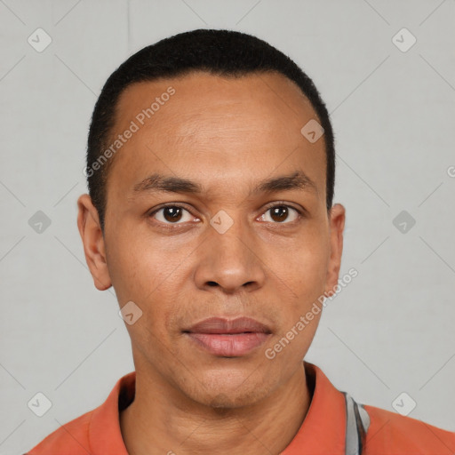 Neutral latino young-adult male with short  black hair and brown eyes