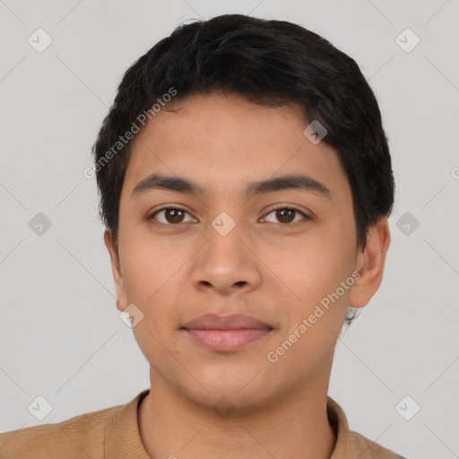 Neutral latino young-adult male with short  brown hair and brown eyes