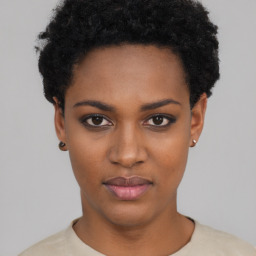 Neutral black young-adult female with short  black hair and brown eyes