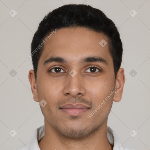 Neutral latino young-adult male with short  black hair and brown eyes