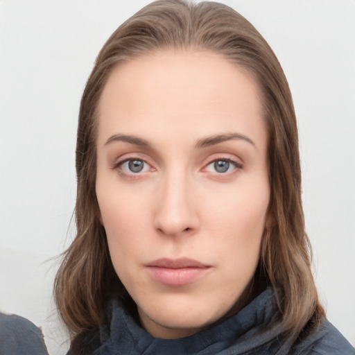 Neutral white young-adult female with long  brown hair and grey eyes