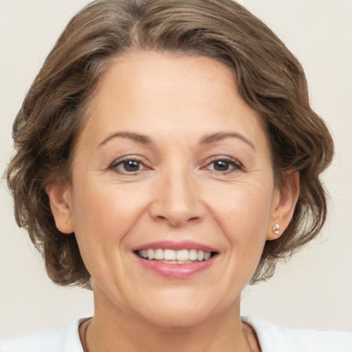 Joyful white adult female with medium  brown hair and brown eyes