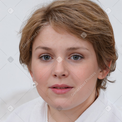 Joyful white young-adult female with medium  brown hair and blue eyes