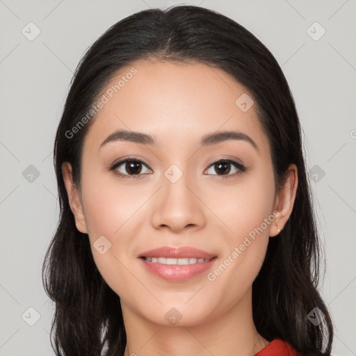 Joyful white young-adult female with long  black hair and brown eyes