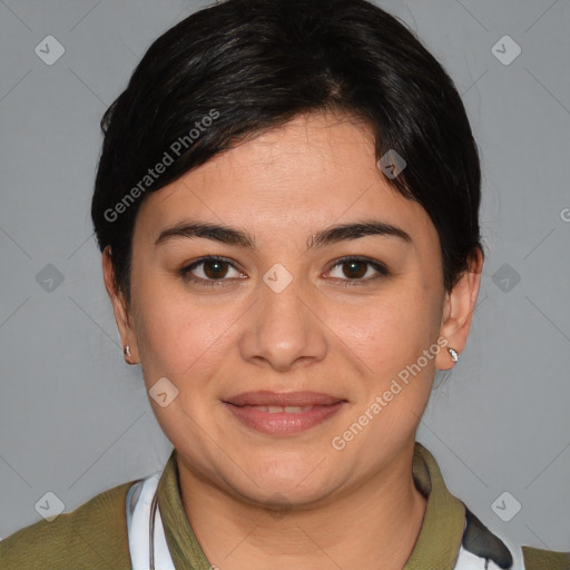 Joyful white young-adult female with medium  brown hair and brown eyes