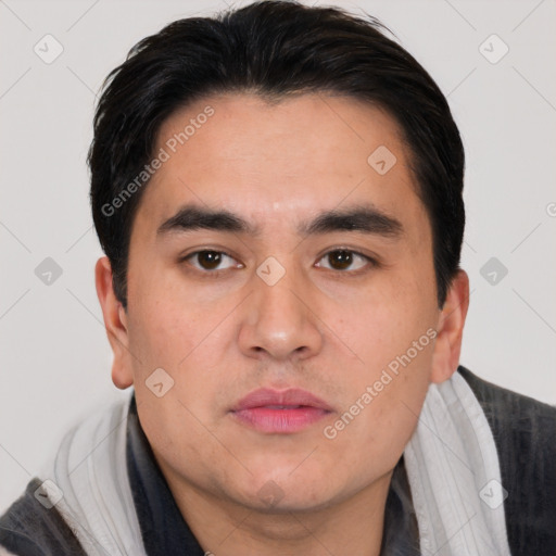 Neutral asian young-adult male with short  black hair and brown eyes