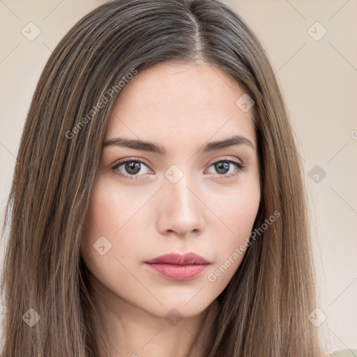 Neutral white young-adult female with long  brown hair and brown eyes