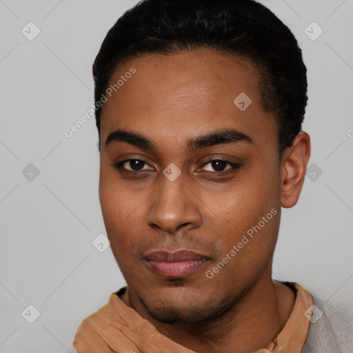 Neutral latino young-adult male with short  black hair and brown eyes