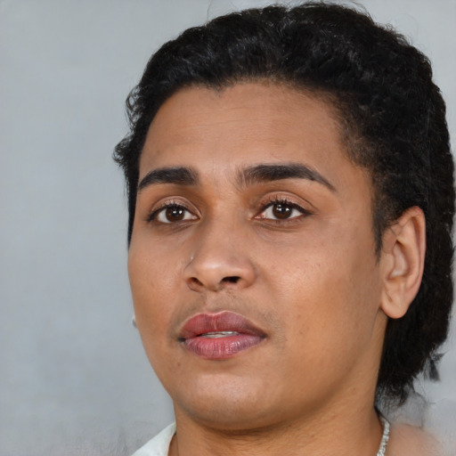 Joyful latino young-adult male with short  brown hair and brown eyes