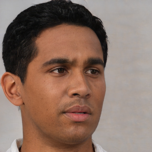 Neutral asian young-adult male with short  black hair and brown eyes