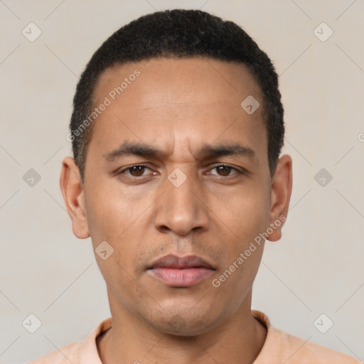 Neutral latino young-adult male with short  black hair and brown eyes