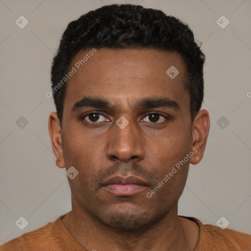 Neutral latino young-adult male with short  black hair and brown eyes