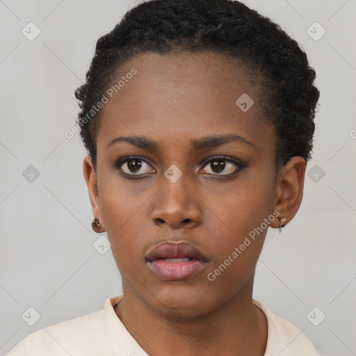 Neutral black young-adult female with short  black hair and brown eyes