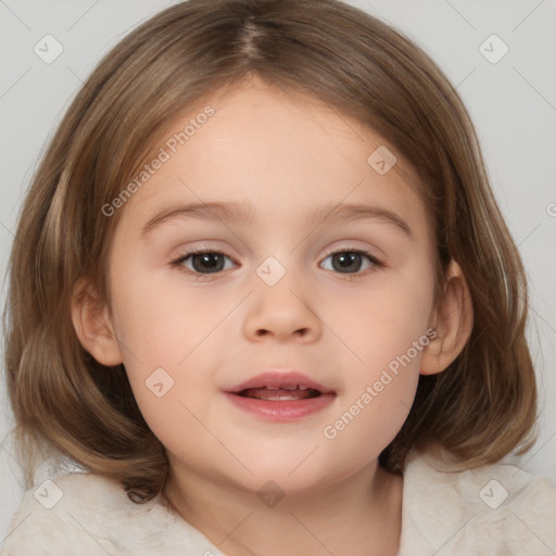 Joyful white child female with medium  brown hair and brown eyes