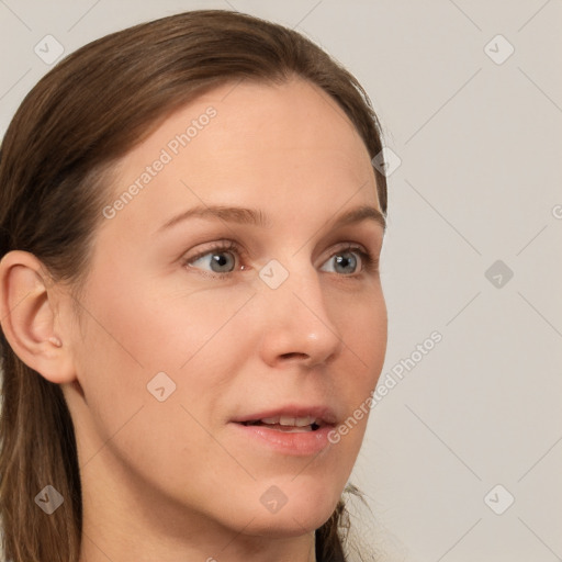 Neutral white young-adult female with long  brown hair and grey eyes