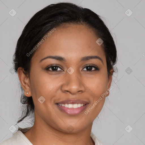 Joyful latino young-adult female with medium  brown hair and brown eyes