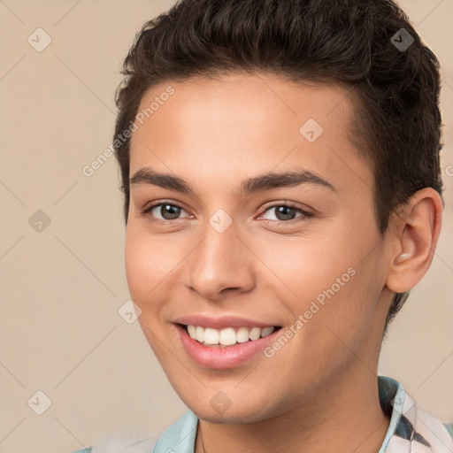 Joyful white young-adult female with short  brown hair and brown eyes