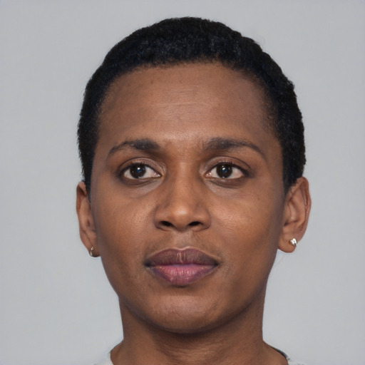 Neutral black young-adult female with short  black hair and brown eyes