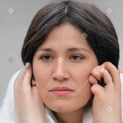 Joyful white young-adult female with medium  brown hair and brown eyes