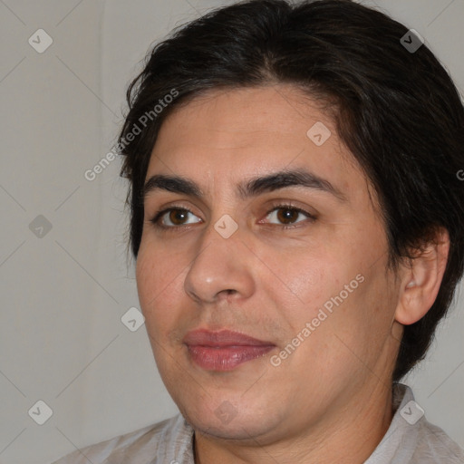 Joyful white young-adult male with medium  brown hair and brown eyes