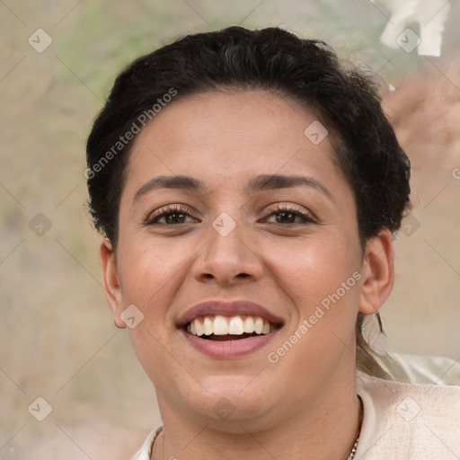 Joyful white young-adult female with short  brown hair and brown eyes