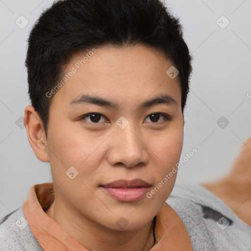 Joyful asian young-adult male with short  brown hair and brown eyes