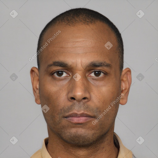 Neutral latino adult male with short  black hair and brown eyes