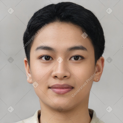 Joyful asian young-adult female with short  black hair and brown eyes