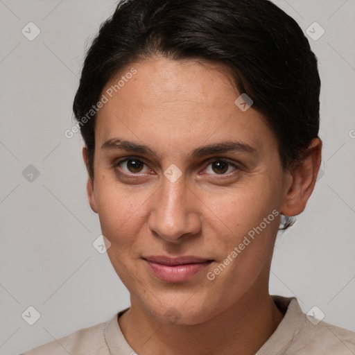 Joyful white young-adult female with short  brown hair and brown eyes