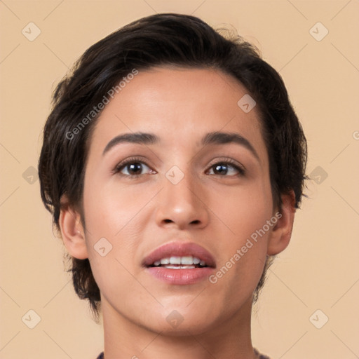 Joyful white young-adult female with medium  brown hair and brown eyes