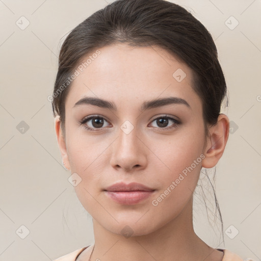 Neutral white young-adult female with short  brown hair and brown eyes