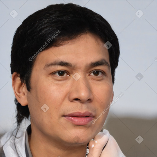 Neutral asian young-adult male with short  brown hair and brown eyes