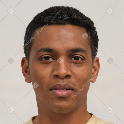 Neutral black young-adult male with short  black hair and brown eyes