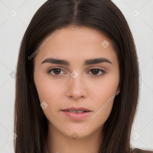 Neutral white young-adult female with long  brown hair and brown eyes