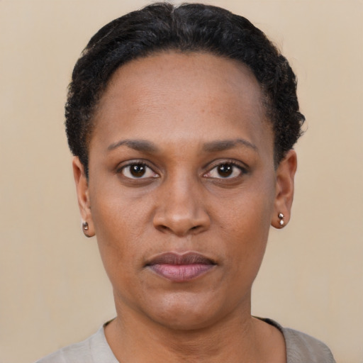Neutral black young-adult female with short  black hair and brown eyes