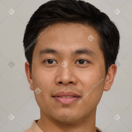 Neutral asian young-adult male with short  brown hair and brown eyes