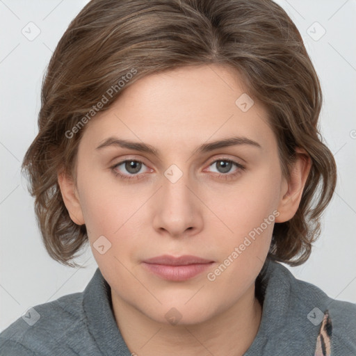 Neutral white young-adult female with medium  brown hair and grey eyes