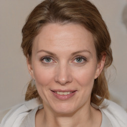 Joyful white adult female with medium  brown hair and grey eyes