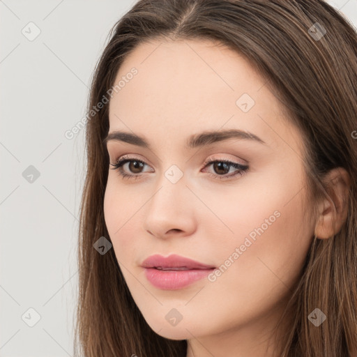 Neutral white young-adult female with long  brown hair and brown eyes