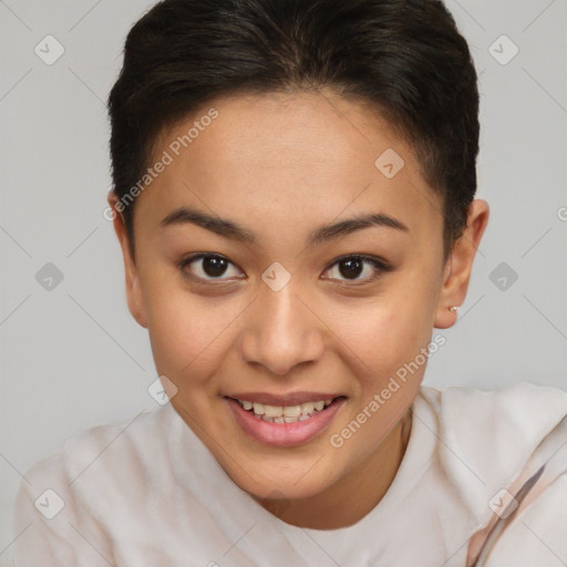 Joyful white young-adult female with short  brown hair and brown eyes