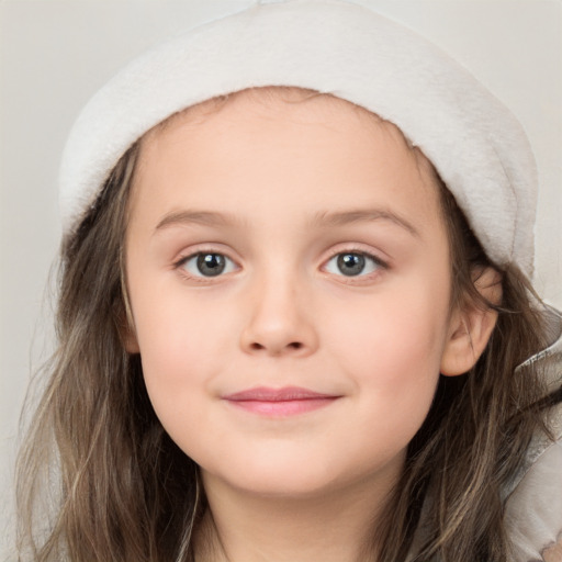 Joyful white child female with long  brown hair and grey eyes