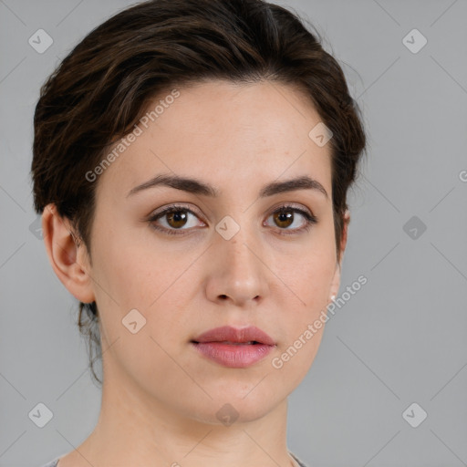 Neutral white young-adult female with medium  brown hair and brown eyes